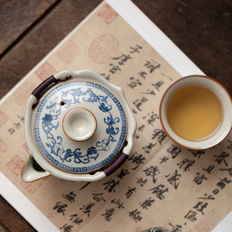 Cốc trà cốc trà chén trà trắng xanh cổ điển cao cấp có nắp Bộ trà Kung Fu gốm sứ