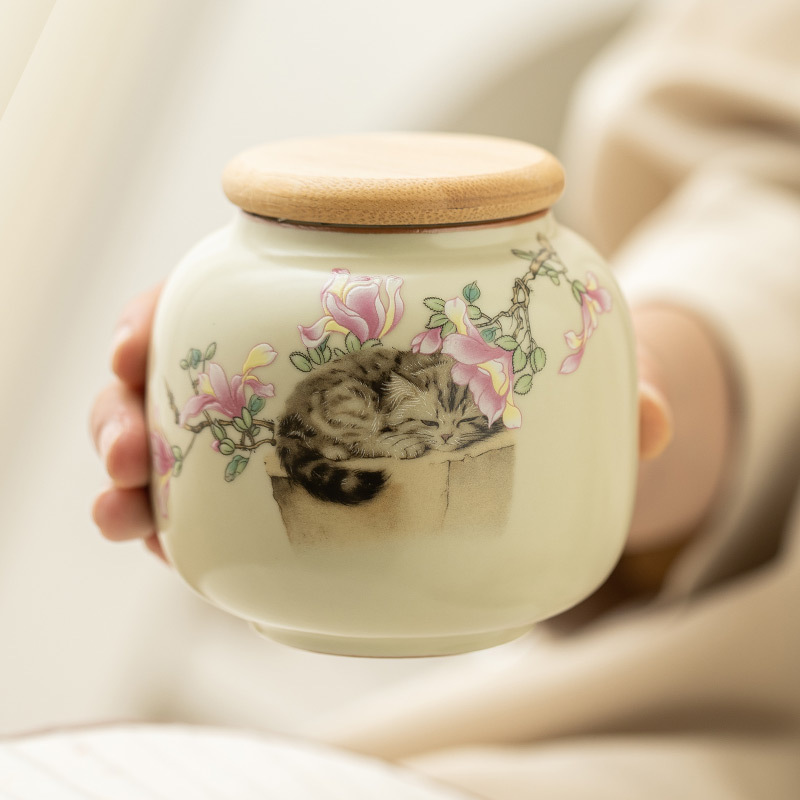 Bình trà sứ Ru kiểu Trung Quốc, bình trà nhỏ cao cấp, bình đựng trà chống ẩm kín, bình rỗng, hộp quà đơn