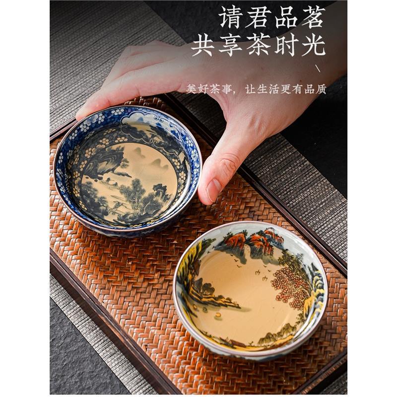 Cốc trà sứ trắng xanh cổ điển cỡ lớn cốc trà gốm sứ công phu cốc trà cốc đơn phong cảnh gia dụng bát chén trà