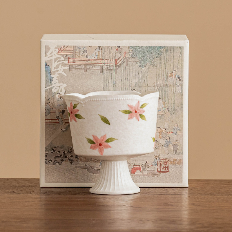 Đá vẽ tay, hoa anh đào trắng, cốc công bằng cao, bộ trà gốm sứ giá trị cao dành cho nữ, dụng cụ chia trà gia dụng