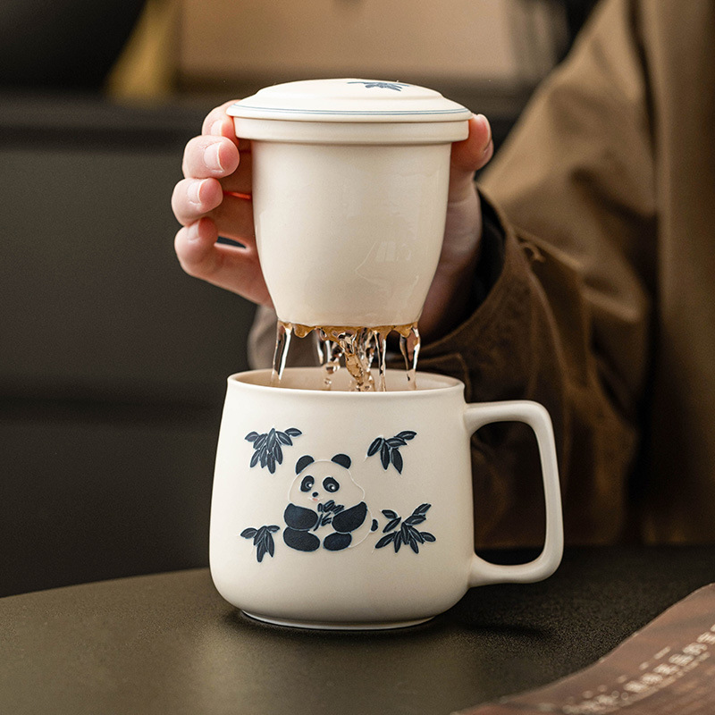 Cốc văn phòng gấu trúc vẽ tay cốc tách trà gia dụng cốc gốm sứ cốc uống nước tinh tế cho nữ giá trị cao