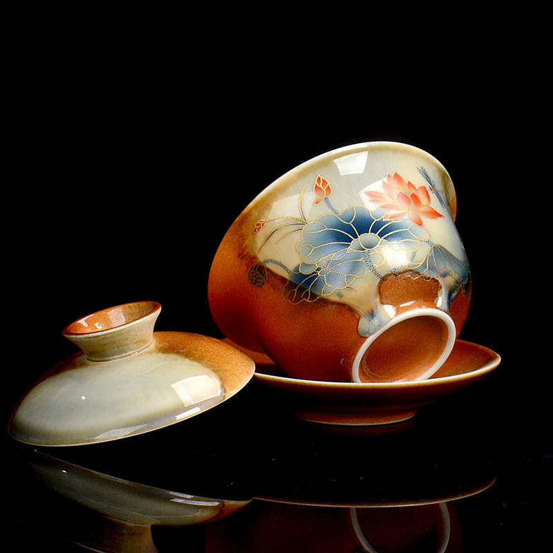 Nắp có thể di chuột, bát không nóng, bộ trà Kung Fu ba tài năng bằng gốm sứ, nắp xoay một thangka cao cấp