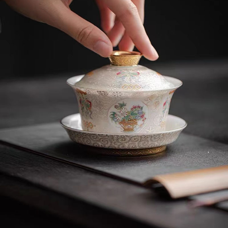 Bát tam tài có nắp bằng bạc, cốc trà sứ cao cấp, bộ trà cổ điển tráng men đầy màu sắc, bát trà, hộp quà đơn