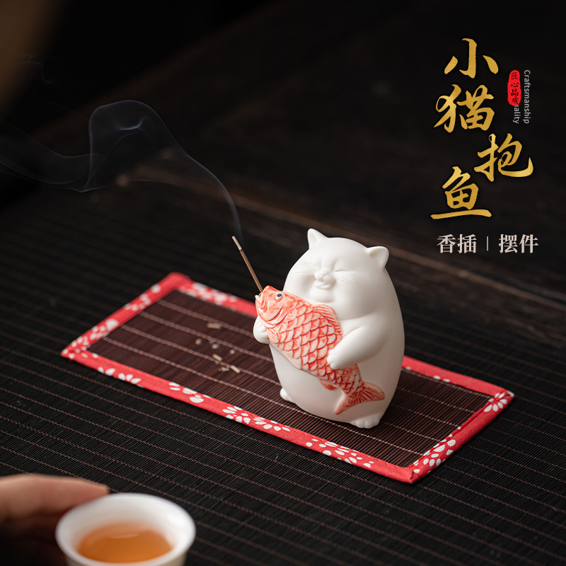 Đồ trang trí cắm hương cầm cá mèo dễ thương hệ thống chữa bệnh dễ thương cắm hương cắm Hương hộp đựng hương phụ kiện trà đạo