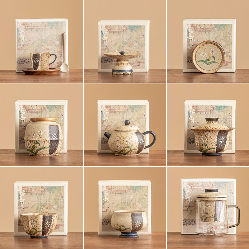 Bộ trà gốm sứ cổ đỏ đá lửa xanh trắng, tách trà hoa cúc nhỏ cao cấp, cốc chủ nhân, bát đựng trà, lư hương, cốc cà phê