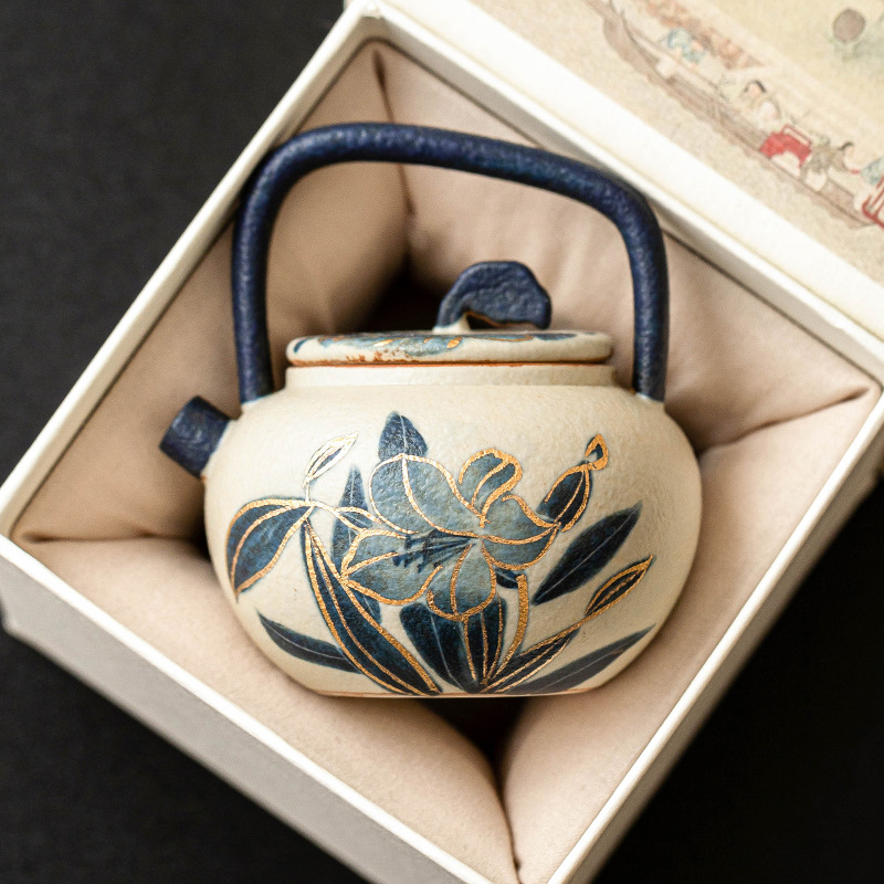 Ấm trà gốm sứ đá lửa trắng xanh, ấm cầm chùm hoa huệ vẽ tay bằng vàng, dụng cụ pha trà Kung Fu gia dụng, ấm đơn có lọc