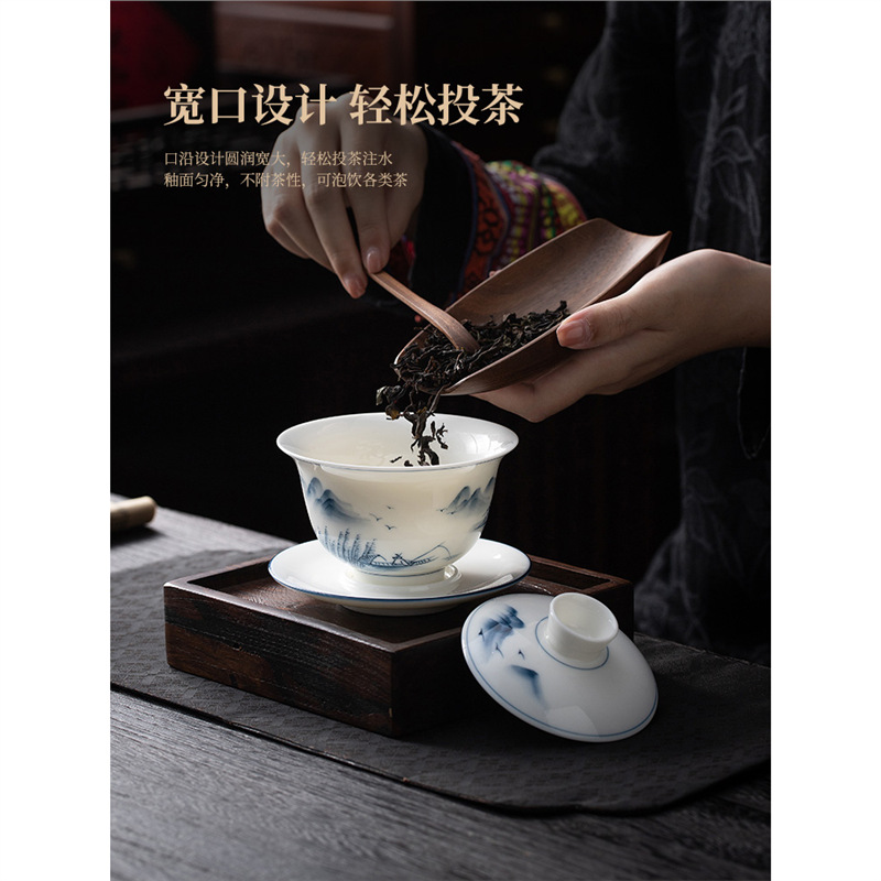 Jingdezhen tinh khiết vẽ tay bằng tay treo bát có nắp cốc trà cốc trà đơn cao cấp gia dụng ba tài năng máy pha trà chống bỏng