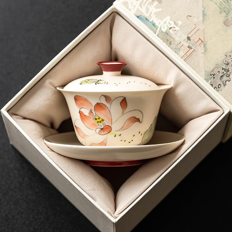 Chén trà chén trà chén hoa sen vẽ tay gốm sứ gia dụng cỡ lớn bộ trà nữ giá trị cao chống bỏng
