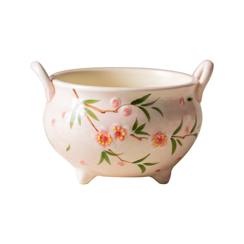 Lư hương hoa đào vẽ tay lư hương gốm sứ trong nhà gia dụng lư hương đàn hương trầm hương đế chỉ đồ trang trí lư hương phụ kiện trà đạo