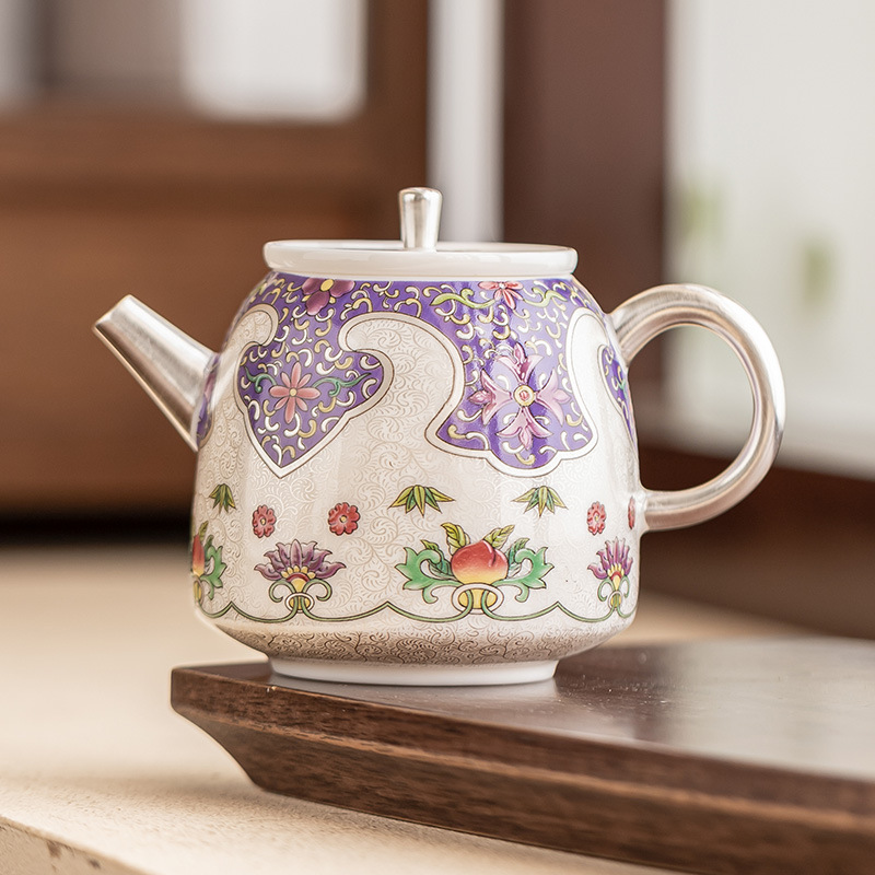 Ấm trà tinh xảo mạ bạc 999 ấm bánh xe khổng lồ tráng men cloisonné ấm đơn ấm pha trà cỡ nhỏ gia dụng ấm cầm tay gốm sứ