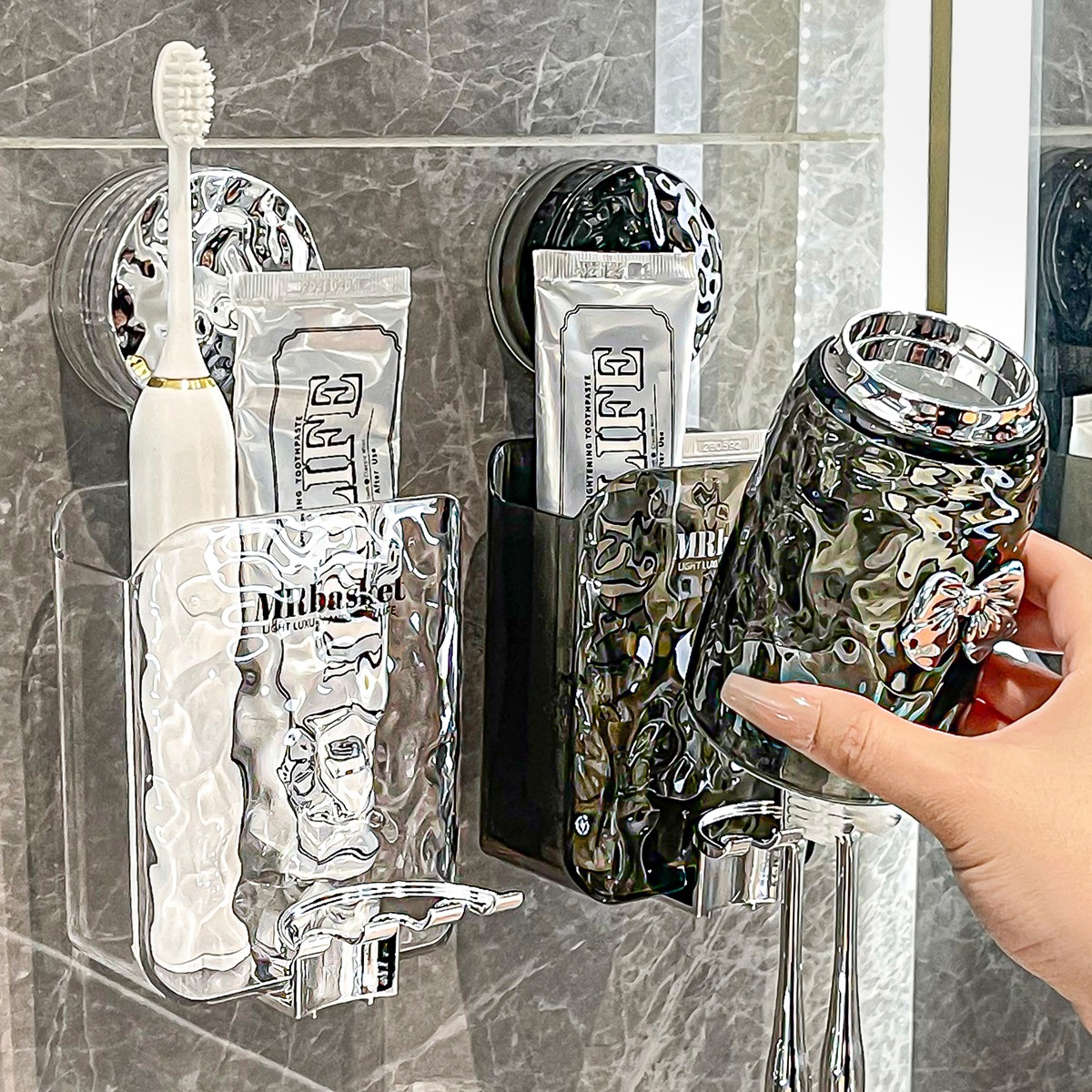 Cốc hút, giá để bàn chải đánh răng, cốc nước súc miệng kiểu mới không đục lỗ, cốc đựng răng phòng tắm treo tường, giá để bàn chải đánh răng điện