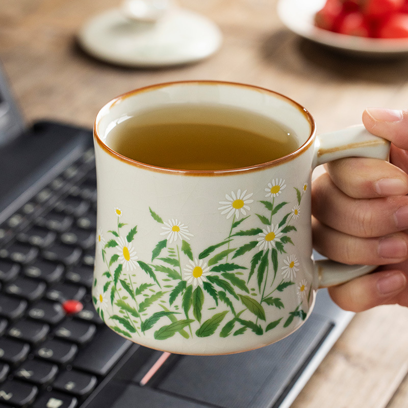 Cốc pha trà gốm hoa cúc nhỏ Ru Kiln cốc uống trà dung tích lớn cốc chuyên dụng cá nhân văn phòng gia dụng