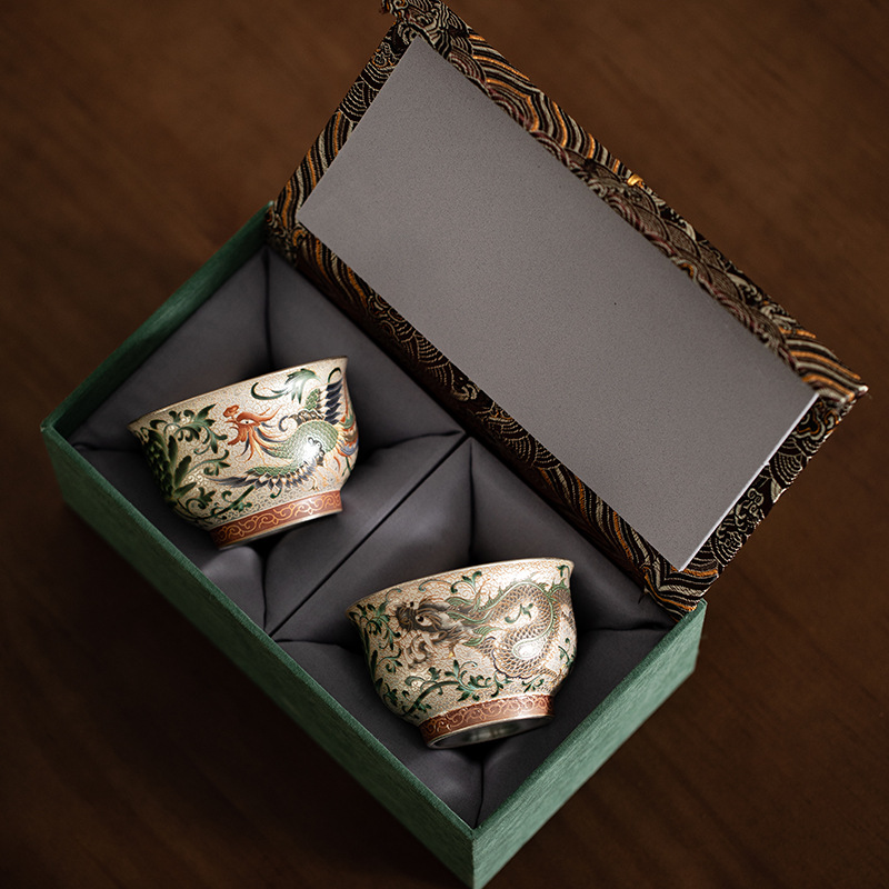 Cốc đôi rồng phượng mạ bạc cốc trà gốm sứ cốc chủ nhân cốc đôi cốc uống trà cốc đôi tách trà cốc trà quà tặng Bộ trà