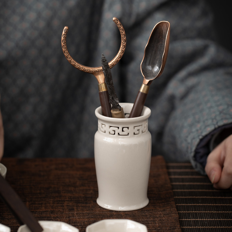 Bộ trà đạo sáu quý ông bằng gỗ đàn hương đen tráng men xám thực vật dụng cụ pha trà ống sứ dụng cụ pha trà Kung Fu phụ kiện bộ trà