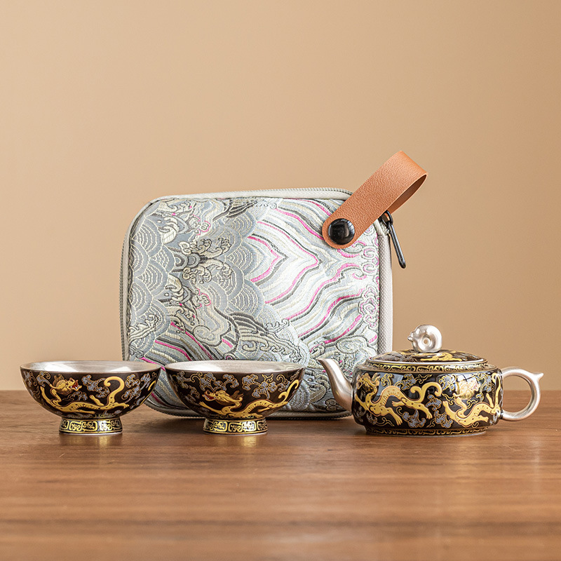 999 đôi rồng bạc bạc chơi hạt cốc khách nhanh bộ trà du lịch xách tay ngoài trời một bình hai cốc quà tặng cao cấp