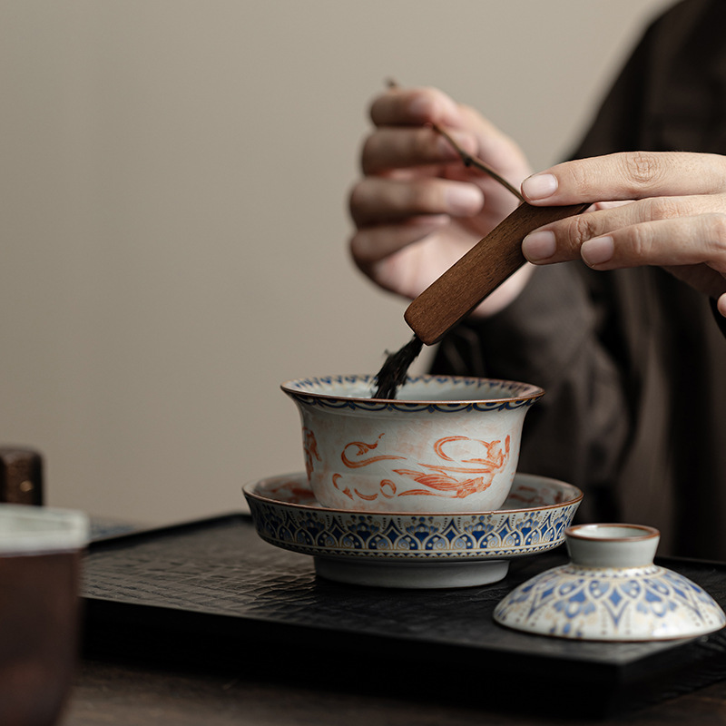 Bát có nắp hình thỏi Đôn Hoàng, bát có nắp ba tài bằng gốm sứ gia dụng, bộ trà Kung Fu mở bằng lò Song Ru, bát pha trà, hộp quà