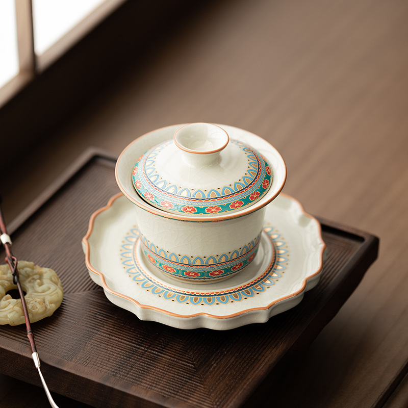 Ru Kiln Đôn Hoàng Văn hóa và Sáng tạo Móng ngựa Ba cái bát có nắp không nóng Chén trà cỡ lớn có nắp mở miếng có thể nâng cao bộ trà Kung Fu