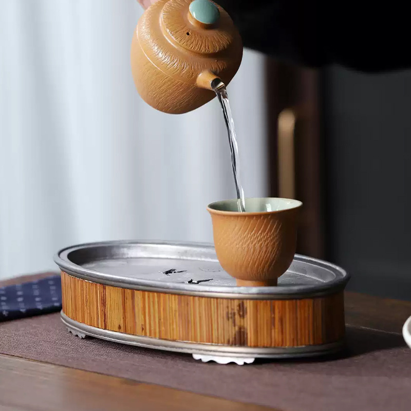 Ấm đun nước lưu trữ bằng tre Xiangfei, bọt khô, thuyền trà cổ cao cấp kiểu Đài Trung, ấm lưu trữ, đệm ấm, bàn trà cho một người