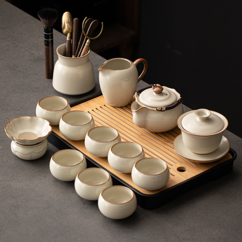 Bộ dụng cụ pha trà Kung Fu Ru Kiln mẫu mới 2025 Bộ dụng cụ pha trà uống trà văn phòng gia dụng bộ cốc trà ấm trà