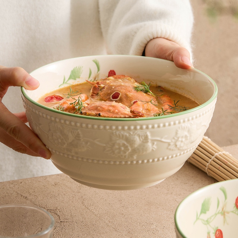 Yogurt chạm nổi dâu tây bát lớn bát mì ăn liền gia dụng bát canh gốm sứ sáng tạo bát mì bát bộ đồ ăn khách sạn đĩa canh bát đẹp