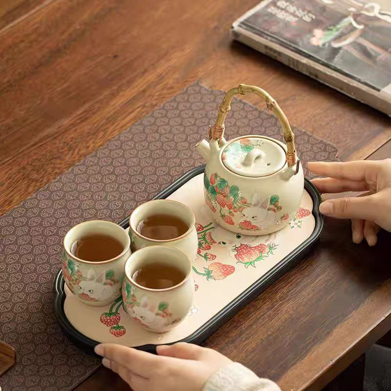 Ấm trà Thỏ Dâu Tây Ru Kiln Bộ ấm trà Kung Fu Bộ nhỏ ấm pha trà khách sạn gia dụng văn phòng cốc trà khay pha khô