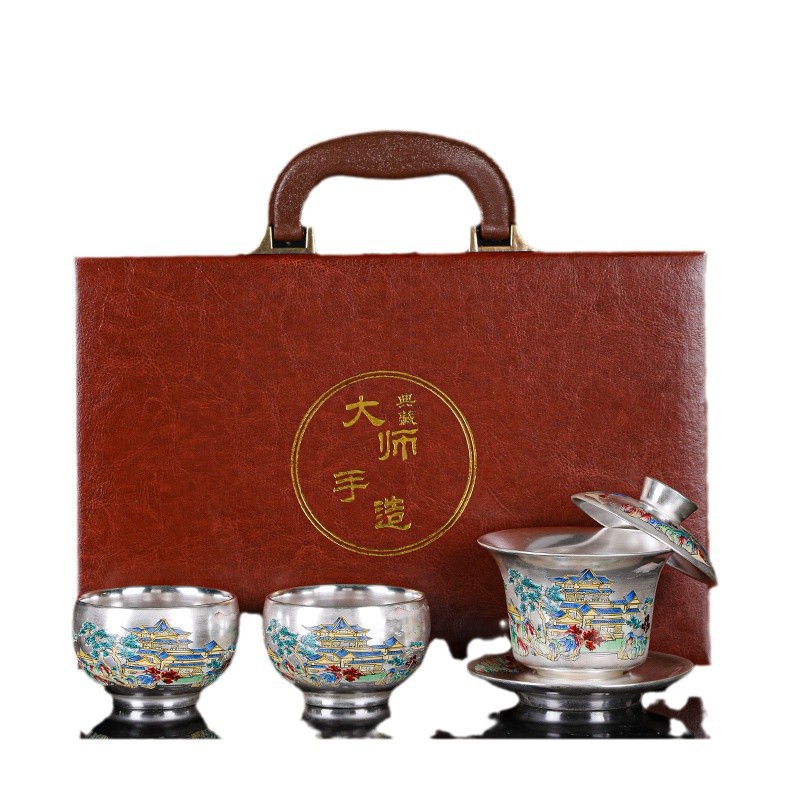 Bộ trà bạc cao cấp, ấm trà tráng men thủ công bạc nguyên chất mạ 999, bát có nắp, bộ trà Kung Fu lắp ráp hoàn chỉnh