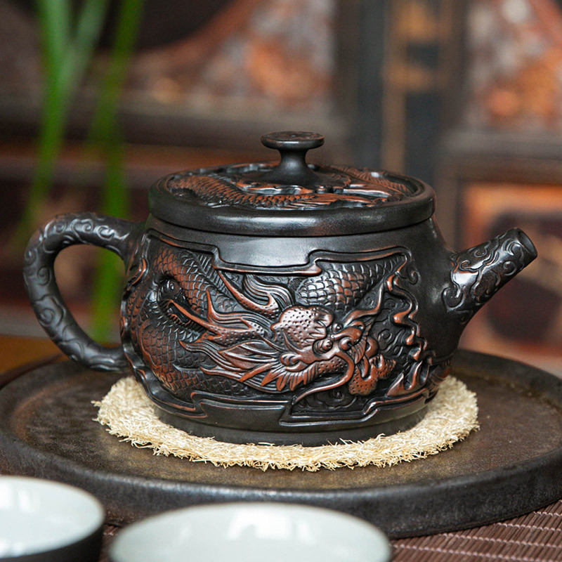 Ấm trà gốm tím ấm trà gốm sứ rồng phượng Hán dụng cụ pha trà Kung Fu gia dụng chạm khắc thủ công dung tích lớn Vân Nam Jianshui