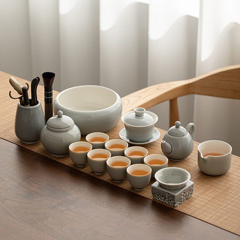 Bộ dụng cụ pha trà Kung Fu tráng men màu xám đá Khay trà kiểu Nhật đựng nước cốc trà gốm sứ ngoài trời gia dụng nguyên Bộ pha trà
