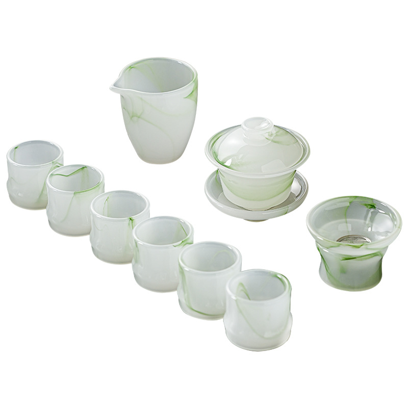 Bộ ấm trà thủy tinh ngọc trắng cốc pha trà Kung Fu cao cấp sang trọng nhẹ gia dụng có nắp bát đựng quà văn phòng đóng hộp bán buôn