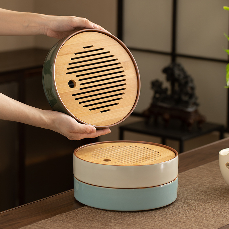 Khay trà mặt tre, khay thoát nước trà gia dụng, khay đựng nước tròn gốm sứ, khay tiếp khách văn phòng, bàn trà khô, khay bộ ấm trà