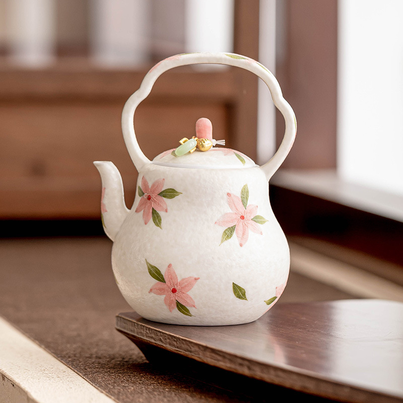 Bộ ấm trà hoa anh đào trắng đá khoáng phong cách Trung Hoa, ấm trà gốm sứ cao cấp có lưới lọc, bộ ấm trà Kung Fu cổ điển, ấm trà đơn