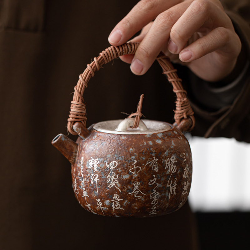 Bảy bát trà thơ mạ bạc mây đan chùm ấm pha trà cổ điển đất sét cũ lọc ấm đơn bộ trà Kung Fu hộp quà