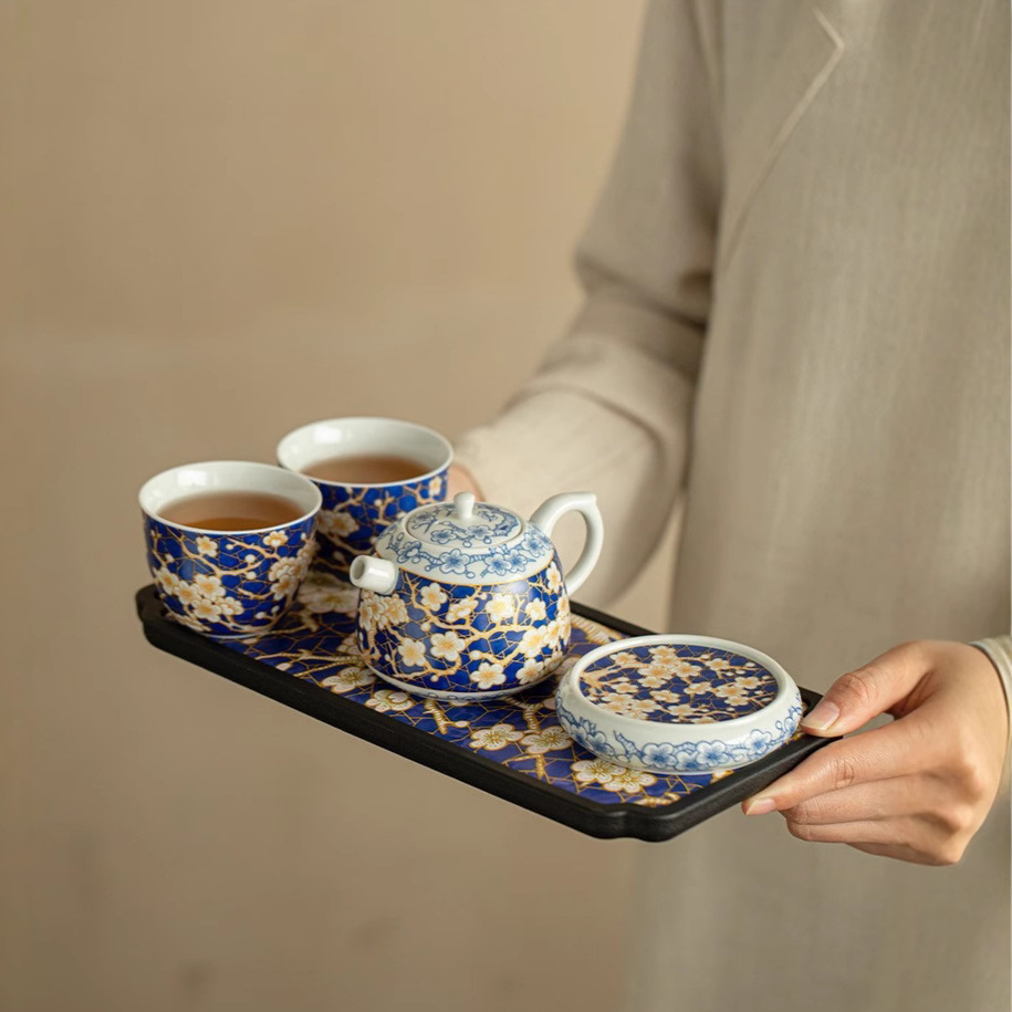 Ấm trà gốm sứ Bingmei một ấm hai cốc bộ dụng cụ trà Kung Fu ấm trà gia dụng có khay trà