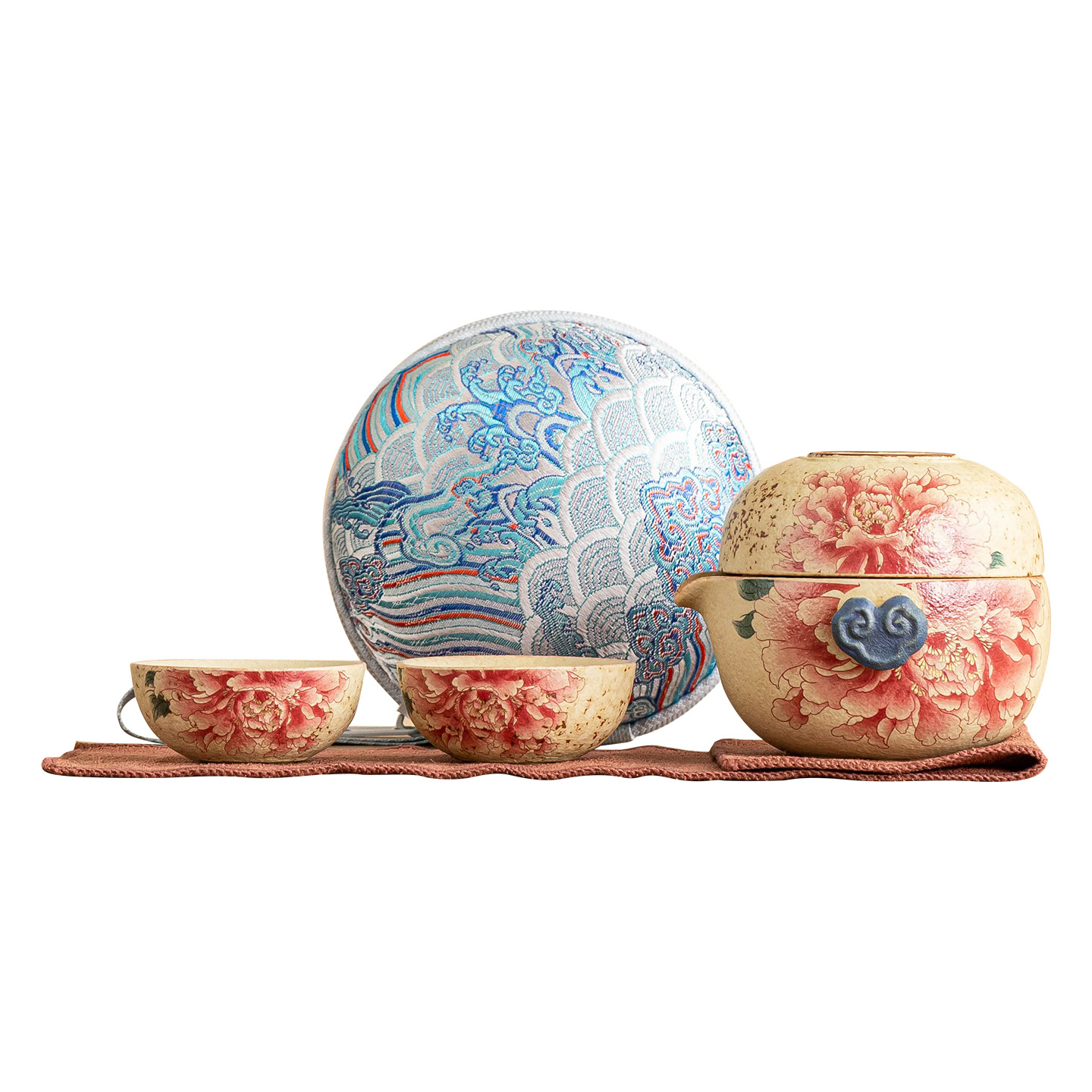 Bộ trà du lịch đá lửa trắng xanh bộ trà di động một ấm ba cốc thiết bị uống trà cắm trại ngoài trời cốc khách nhanh