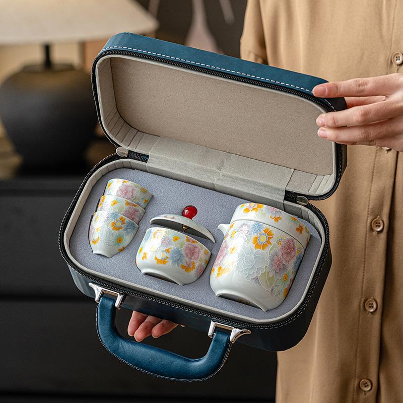 Đồ gốm Vạn Hoa tráng men cổ Cốc khách nhanh Ấm pha trà Bộ trà du lịch ngoài trời di động Bộ một ấm bốn cốc