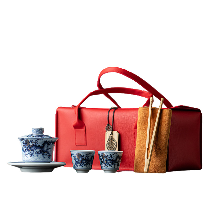 Bộ dụng cụ trà cốc trà cốc có nắp hoa văn rồng vàng bạc túi vải đựng trà du lịch xách tay