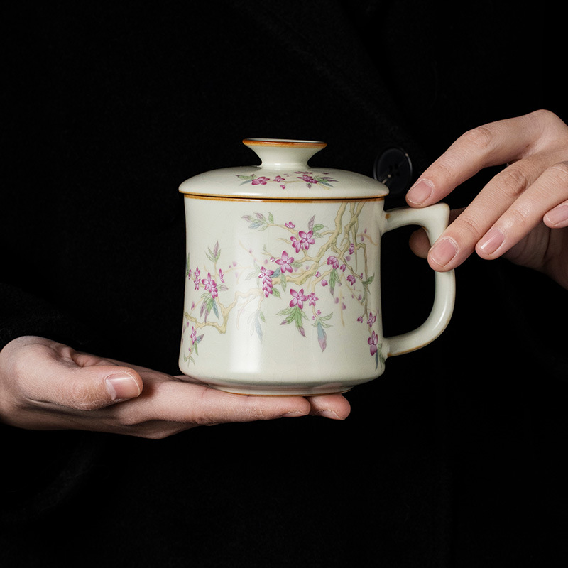 Cốc pha trà bột cành đào Ruyao cốc sứ cốc văn phòng chuyên dụng cá nhân cốc nước có nắp