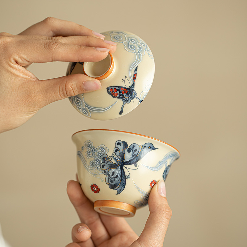 Jingdezhen Ru Kiln Cloud Butterfly Lid Bowl Bộ trà gốm Bộ ba tài năng có nắp màu vàng có hoa văn nứt, Bộ hoàn chỉnh với Bát trà treo.