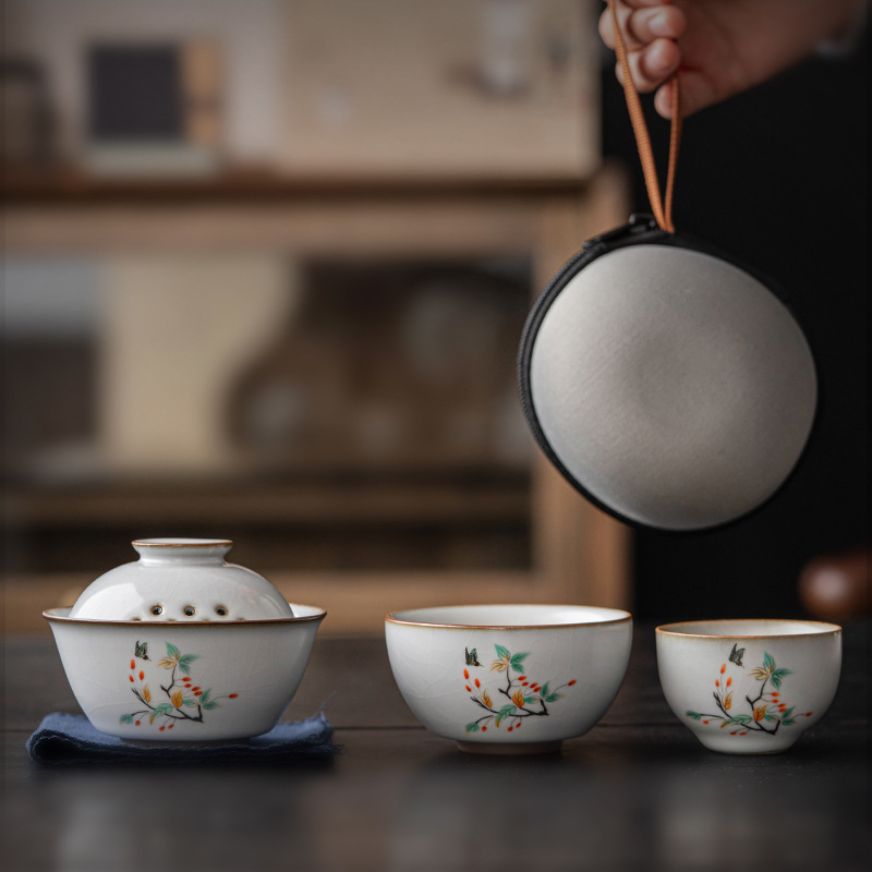 Bộ ấm trà Kung Fu gốm sứ Ru Kiln Bộ nhỏ du lịch một ấm hai cốc ấm trà Túi xách tay Ngoài trời Kiểu Trung Quốc cốc khách nhanh
