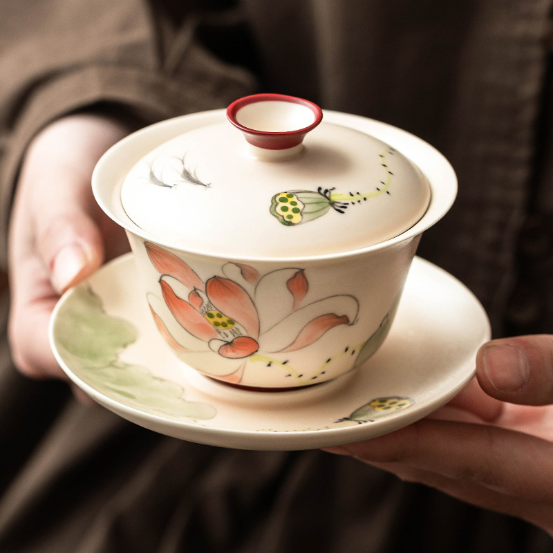 Chén trà chén trà chén hoa sen vẽ tay gốm sứ gia dụng cỡ lớn bộ trà nữ giá trị cao chống bỏng