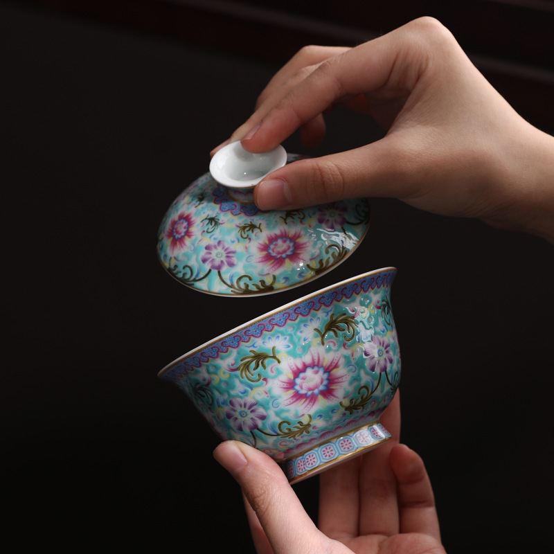 Bộ ấm chén trà gốm sứ cao cấp kiểu cung đình Sancai, bộ ba món, kiểu gaiwan
