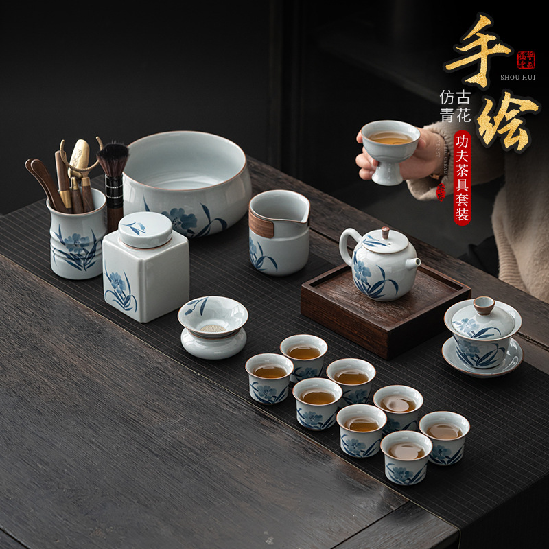 Bộ ấm trà Kung Fu trắng xanh vẽ tay sang trọng nhẹ nhàng Bộ ấm trà Trung Quốc gia dụng cổ điển tráng men