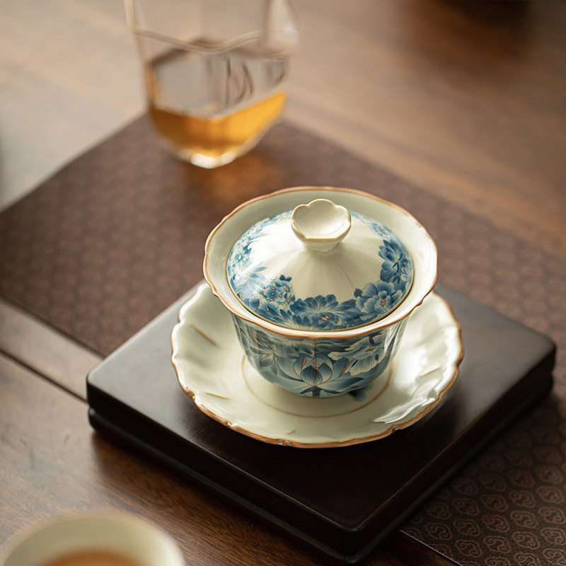 Bộ trà Đức Hoa Bộ trà gốm sứ Vạn Hoa trắng xanh thủ công bát trà bát trà chén trà khay trà chén trà bộ trà Kung Fu Trung Quốc