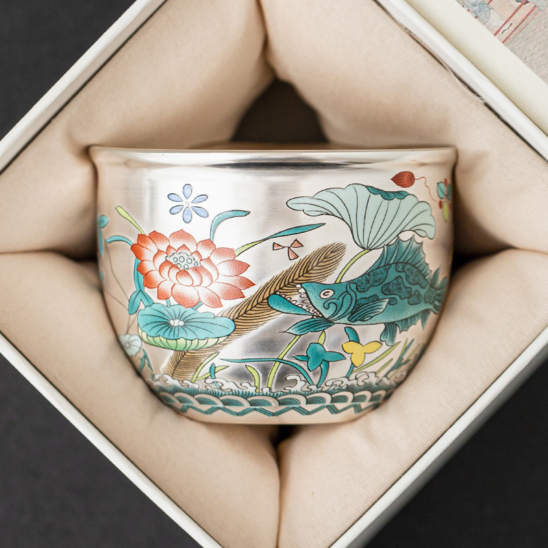 Cốc trà mạ bạc 999 cốc chủ nhân cao cấp cá chơi sen hồ thẳng cốc trà cốc trà chuyên dụng cốc trà cốc đơn