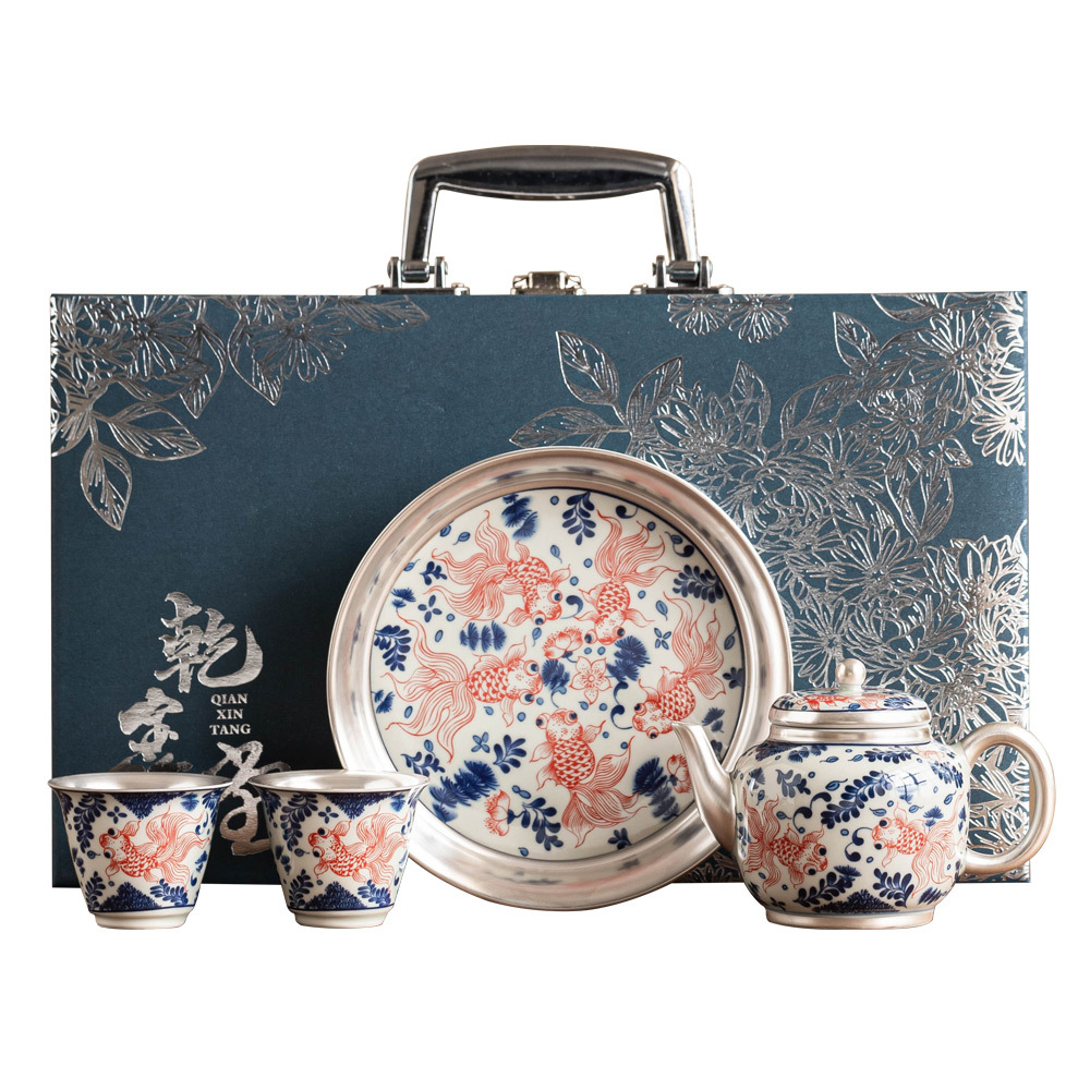 Bộ trà mạ bạc cá vàng chơi nước 999 hộp quà cao cấp một ấm hai chén ấm trà khay trà uống trà dụng cụ pha trà