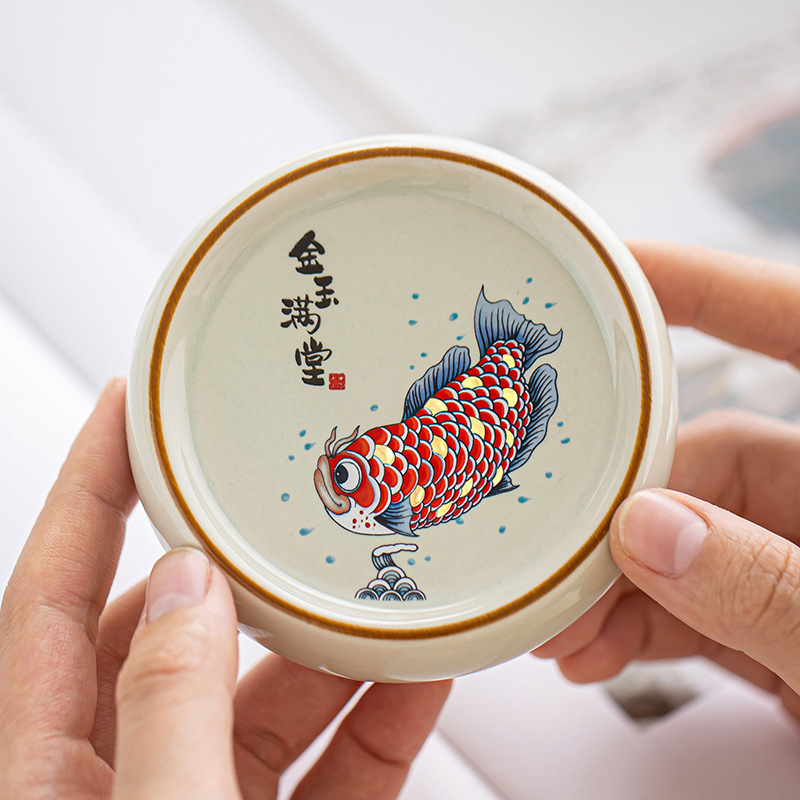 Lót cốc có nắp màu xám cỏ cây Lót cách nhiệt hình tròn Kim Ngọc Man Tang Phụ kiện trà đạo gia dụng kiểu Trung Quốc đồ trang trí bàn trà