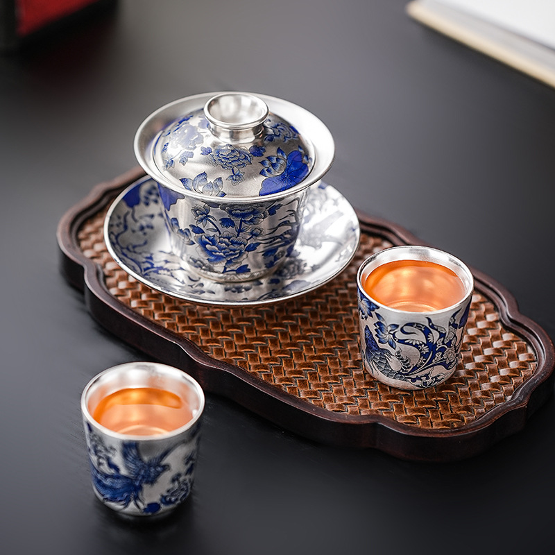 Bộ ấm chén trà Song Yu cao cấp, bộ đồ uống bạc dát vàng, chén trà, hộp quà Kung Fu Phượng Hoàng dành tặng lãnh đạo, người lớn tuổi, quà lưu niệm pha trà