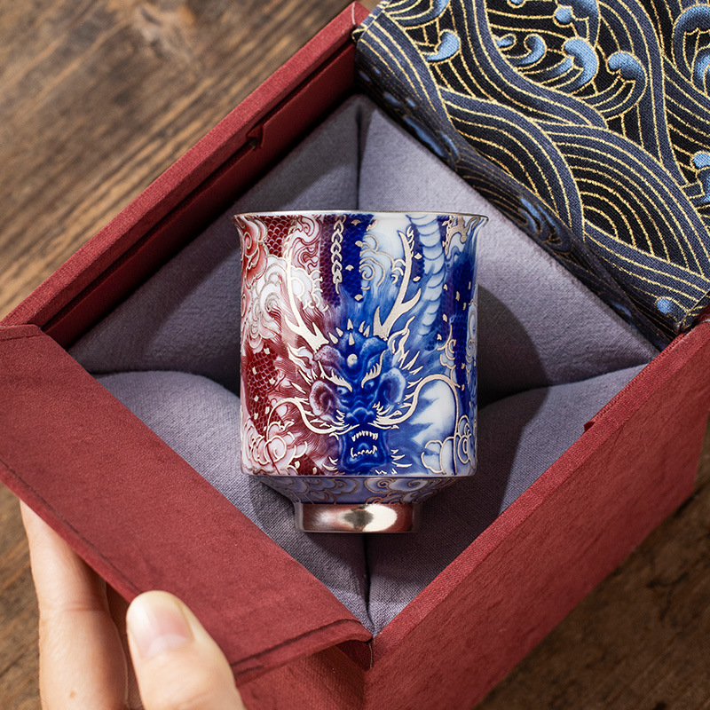 He Fusen Bảo tàng Cung điện Văn hóa và Sáng tạo Bộ trà cao cấp Rồng mạ bạc Bốn biển Quà tặng sinh nhật cho người lớn tuổi