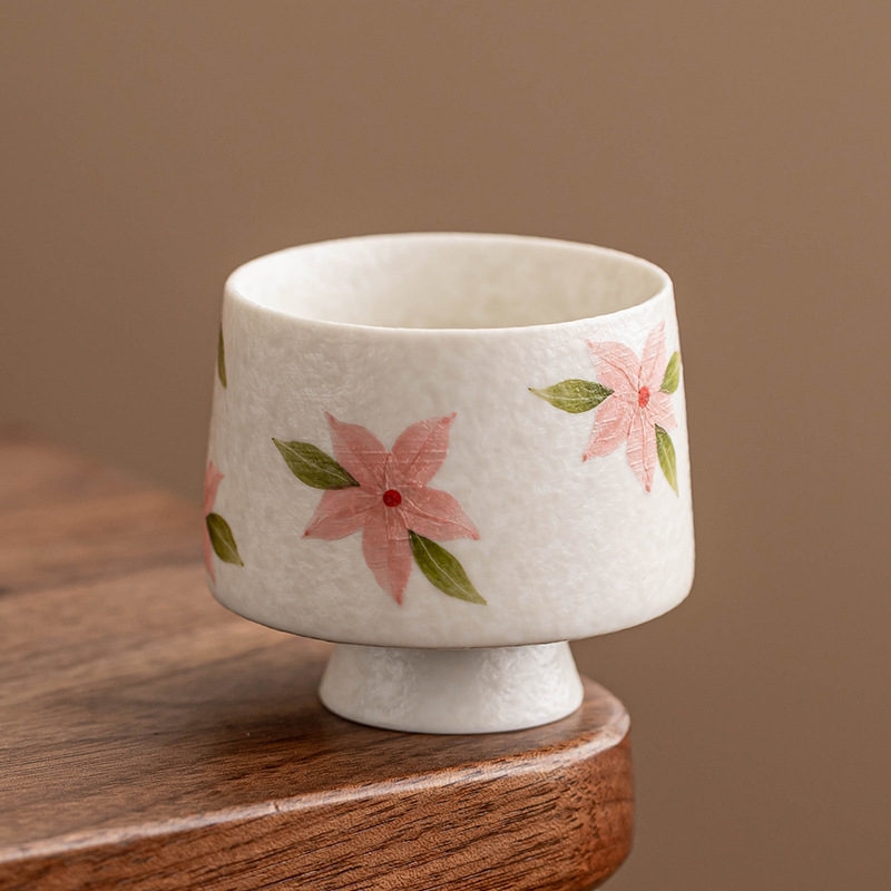 Cốc trà chân cao hoa anh đào trắng mỏ đá, cốc trà gốm sứ, cốc trà kiểu Trung Quốc mới, bộ trà Kung Fu, cốc nữ, cốc đơn