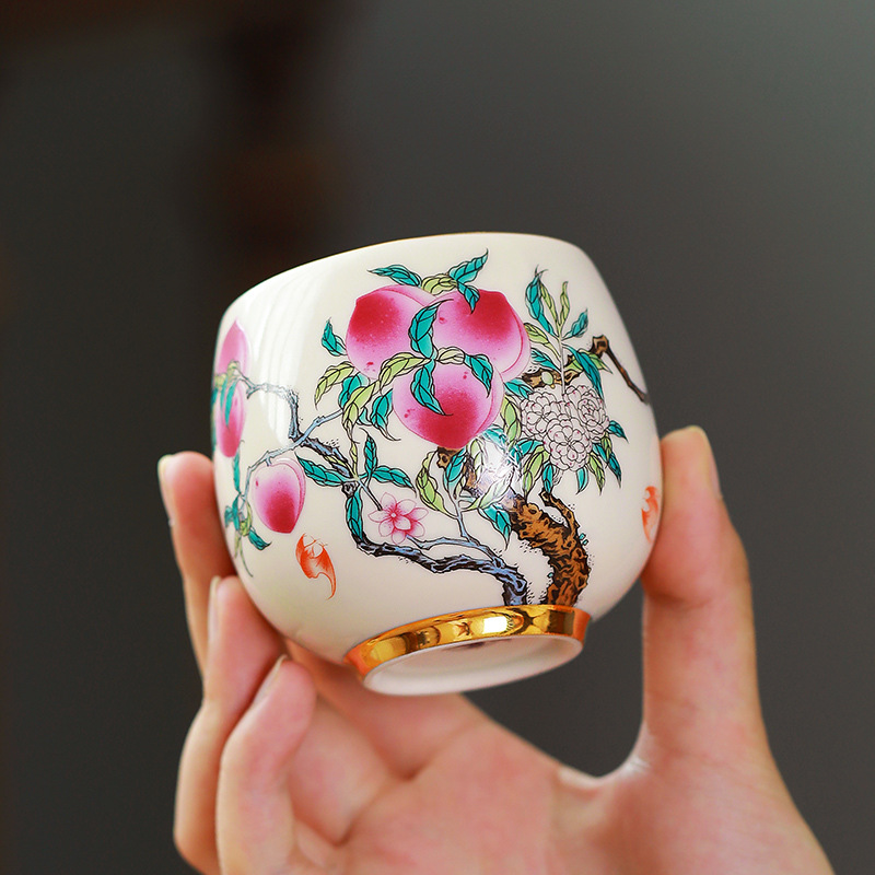 Cốc thiền trong gốm sứ Cửu đào hoa sen lựu anh túc long trứng gia đình quốc triều pha trà chủ cốc